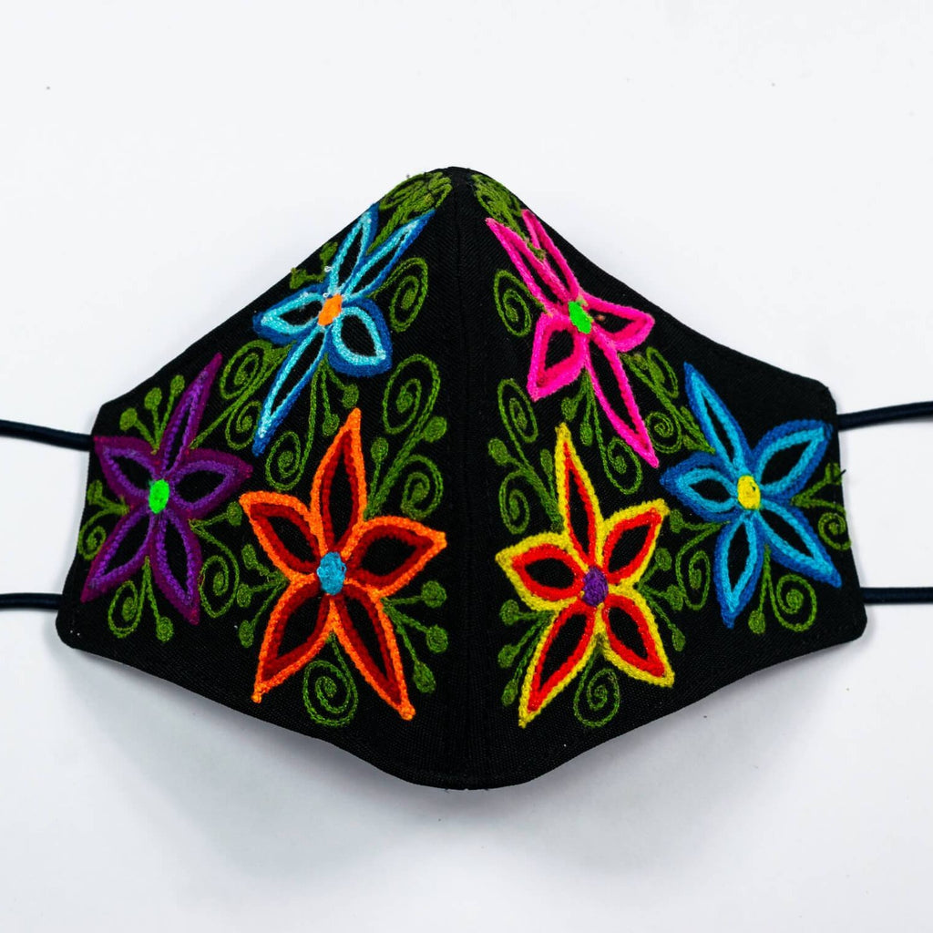 Hand Embroidered Peruvian Face Mask- Bright Flower Pattern