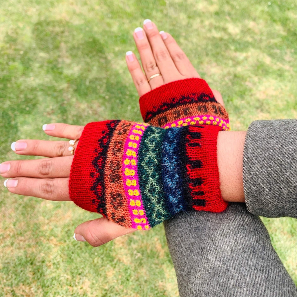 Red Hand Knitted 100% Baby Alpaca Fingerless Gloves