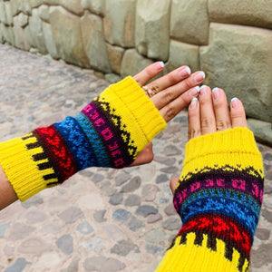 Hand Knitted Fingerless Gloves Yellow- Alpaca Wool Blend
